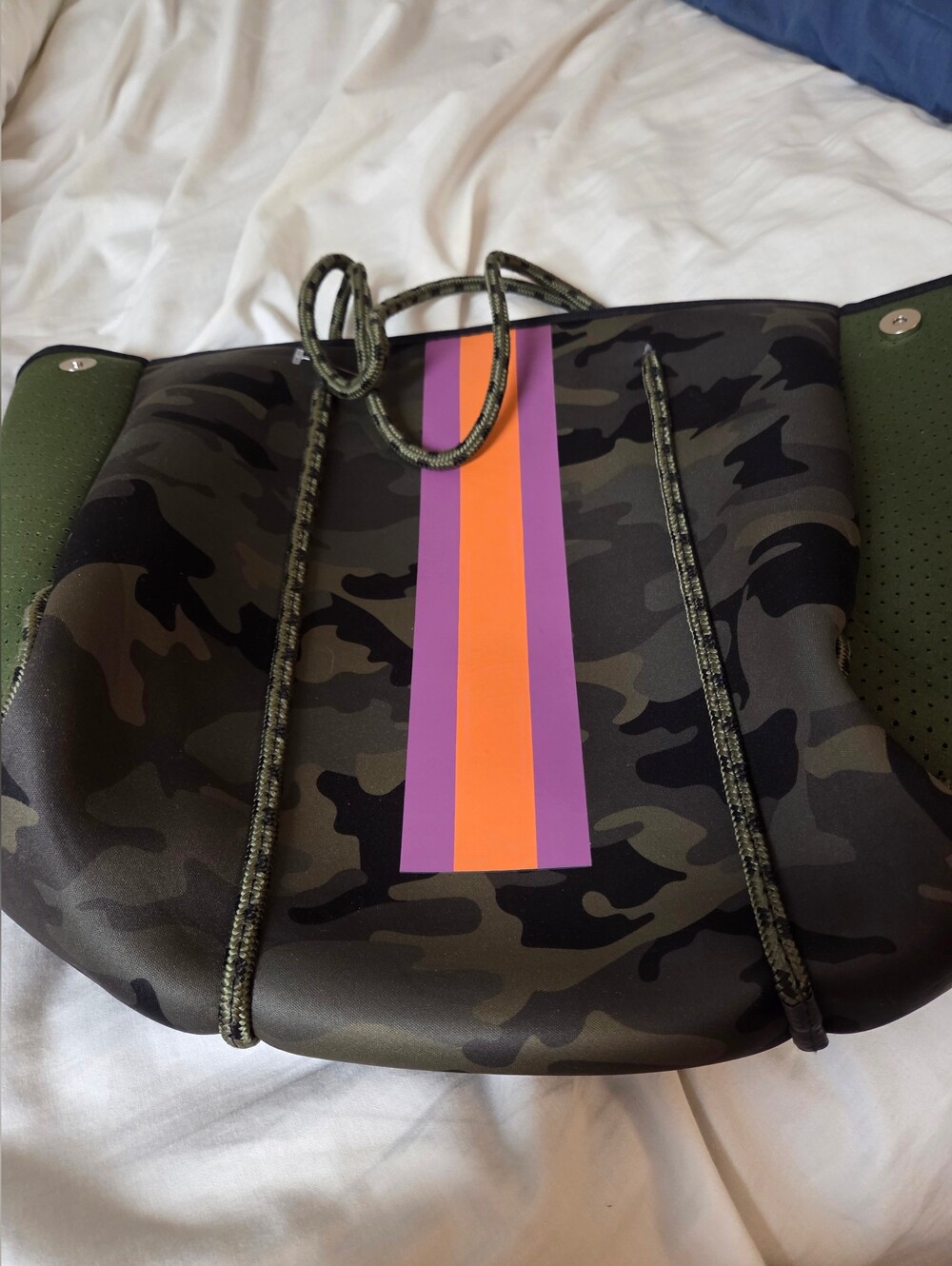 Neoprene Camouflage Beach Tote Bag with Orange & Purple Stripe